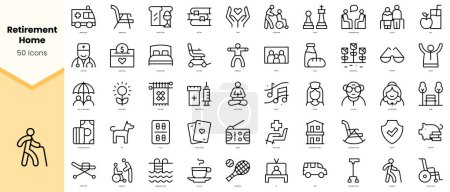 Set of retirement home Icons. Simple line art style icons pack. Vector illustration