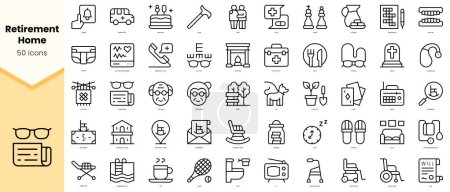 Set of retirement home Icons. Simple line art style icons pack. Vector illustration