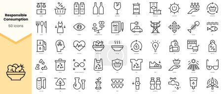 Eine Reihe von Symbolen für verantwortungsvollen Konsum. Einfache Zeilenkunst-Stil-Symbole packen. Vektorillustration