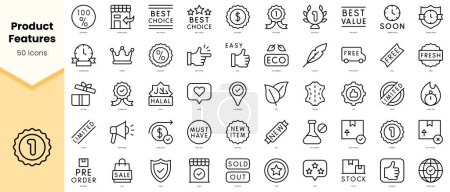 Ilustración de Conjunto de características del producto Iconos. Paquete de iconos de estilo de línea simple arte. Ilustración vectorial - Imagen libre de derechos