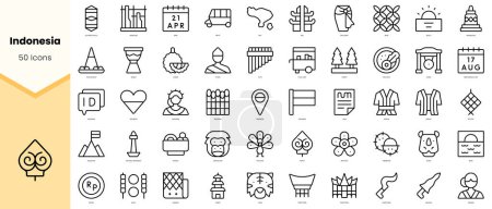 Set von indonesischen Ikonen. Einfache Zeilenkunst-Stil-Symbole packen. Vektorillustration