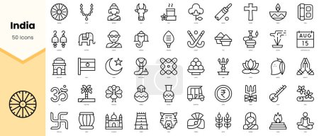 Set von indischen Ikonen. Einfache Zeilenkunst-Stil-Symbole packen. Vektorillustration
