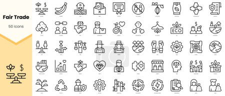 Reihe von Ikonen des fairen Handels. Einfache Zeilenkunst-Stil-Symbole packen. Vektorillustration