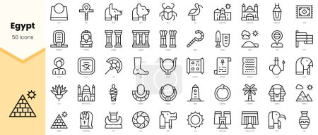 Set ägyptischer Ikonen. Einfache Zeilenkunst-Stil-Symbole packen. Vektorillustration