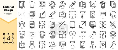 Conjunto de iconos de diseño editorial. Paquete de iconos de estilo de línea simple arte. Ilustración vectorial