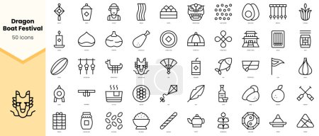 Conjunto de dragón barco festival iconos. Paquete de iconos de estilo de línea simple arte. Ilustración vectorial