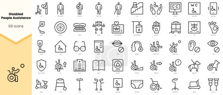Ensemble d'icônes d'assistance aux personnes handicapées. icônes de style art ligne simple pack. Illustration vectorielle