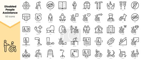 Conjunto de asistencia para discapacitados Iconos. Paquete de iconos de estilo de línea simple arte. Ilustración vectorial