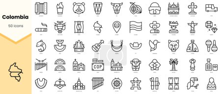 Téléchargez les illustrations : Ensemble d'icônes colombiennes. icônes de style art ligne simple pack. Illustration vectorielle - en licence libre de droit