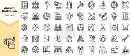 Téléchargez les illustrations : Ensemble d'icônes de la civilisation antique. icônes de style art ligne simple pack. Illustration vectorielle - en licence libre de droit