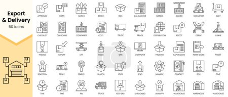 Aperçu simple Ensemble d'icônes d'exportation et de livraison. Pack d'icônes de style linéaire. Illustration vectorielle