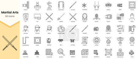 Illustration for Simple Outline Set of Martial Arts icons. Linear style icons pack. Vector illustration - Royalty Free Image