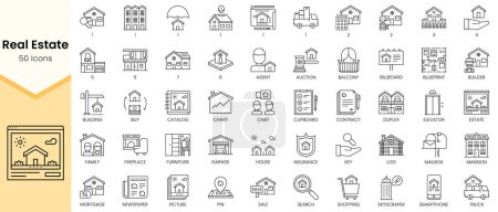 Téléchargez les illustrations : Aperçu simple Ensemble d'icônes de l'immobilier. Pack d'icônes de style linéaire. Illustration vectorielle - en licence libre de droit