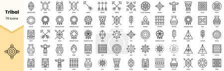 Téléchargez les illustrations : Ensemble d'icônes tribales. icônes de style art ligne simple pack. Illustration vectorielle - en licence libre de droit