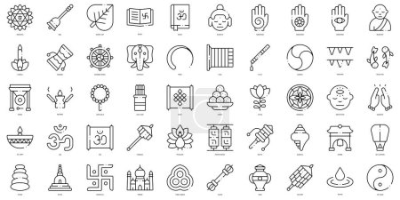 Téléchargez les illustrations : Bundle d'icônes de bouddhisme de style linéaire - en licence libre de droit