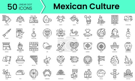 Ilustración de Conjunto de iconos de la cultura mexicana. Paquete de iconos de estilo arte de línea. ilustración vectorial - Imagen libre de derechos