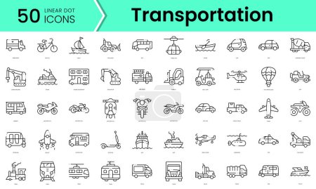 Set von Fahrzeugen und Transport-Symbolen. Linienkunststil-Symbole bündeln sich. Vektorillustration