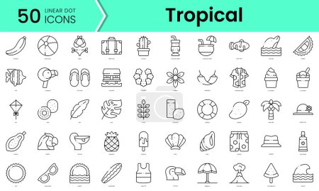 Téléchargez les illustrations : Ensemble d'icônes tropicales. Ensemble d'icônes de style art linéaire. illustration vectorielle - en licence libre de droit