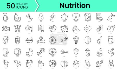 Eine Reihe von Ernährungssymbolen. Linienkunststil-Symbole bündeln sich. Vektorillustration
