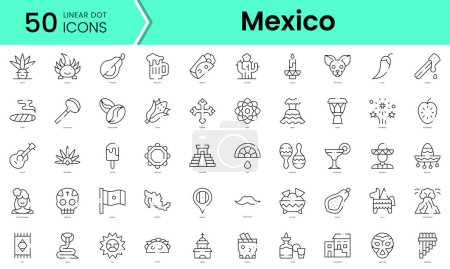 Téléchargez les illustrations : Ensemble d'icônes mexicaines. Ensemble d'icônes de style art linéaire. illustration vectorielle - en licence libre de droit