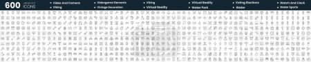 Set of 600 thin line icons. In this bundle include video and camera, viking, virtual reality, voting elections and more