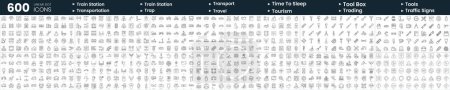 Set of 600 thin line icons. In this bundle include time to sleep, tools, trading, train station and more