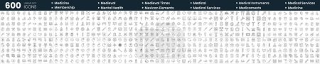 Ilustración de Set de 600 iconos de línea delgada. En este paquete incluyen servicios médicos, médicos, medicinas, tiempos medievales y más - Imagen libre de derechos