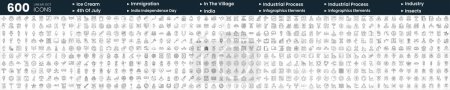 Set von 600 Thin Line Icons. In diesem Bündel gehören Eisdiele, im Dorf, Indien, industrieller Prozess und mehr