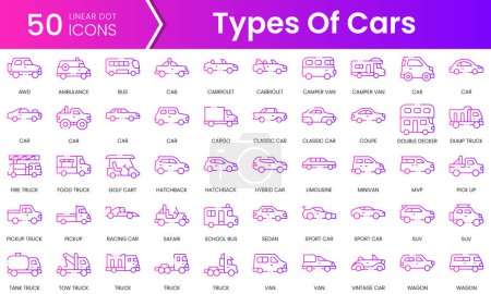 Conjunto de tipos de iconos de coches. Paquete de iconos de estilo degradado. Ilustración vectorial