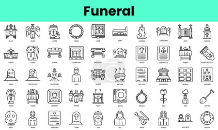 Téléchargez les illustrations : Ensemble d'icônes funéraires. Ensemble d'icônes de style linéaire. Illustration vectorielle - en licence libre de droit