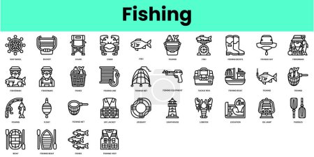 Conjunto de iconos de pesca. Paquete de iconos de estilo lineal. Ilustración vectorial