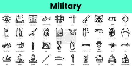 Ilustración de Conjunto de iconos militares. Paquete de iconos de estilo lineal. Ilustración vectorial - Imagen libre de derechos