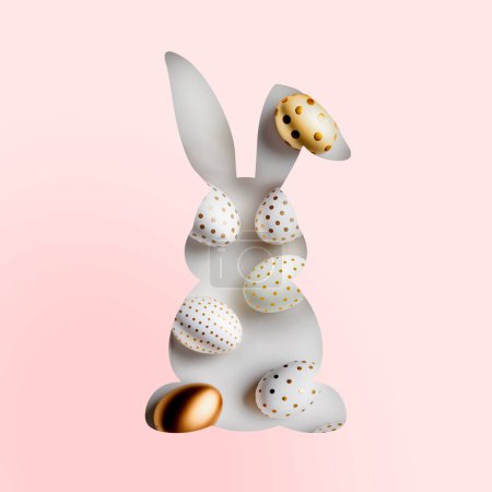 Téléchargez les photos : Lapin de Pâques forme avec des œufs décorés avec des points d'or sur fond rose. Vue de dessus, plan plat. Minimalisme stile. - en image libre de droit