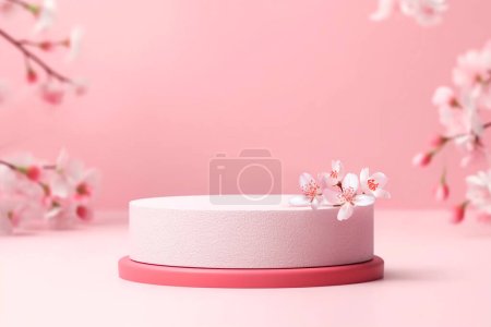 Téléchargez les photos : Podium rond pour produits cosmétiques de beauté avec fleurs de cerisier - en image libre de droit