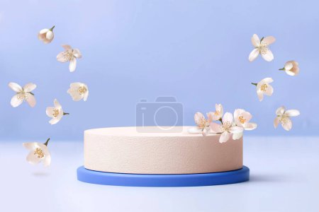 Téléchargez les photos : Podium rond pour produits cosmétiques de beauté avec fleurs de jasmin - en image libre de droit