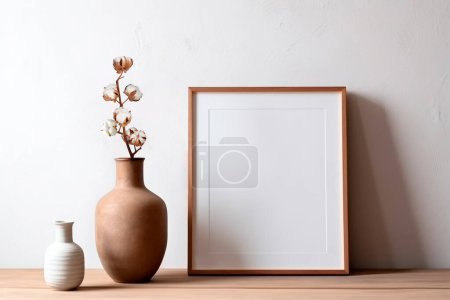 Téléchargez les photos : Cadre et affiche maquettes dans le salon avec branche de coton dans un vase en argile. Intérieur scandinave. - en image libre de droit
