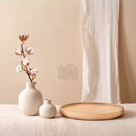 Téléchargez les photos : Vases en céramique beige avec branches de coton sèches. Fond élégant et minimaliste pour exposer vos produits dans le salon. Intérieur scandinave. Décor de maison moderne. Espace de copie. - en image libre de droit