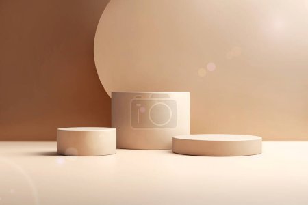 Téléchargez les photos : Trois podium lumineux beige pour la présentation de produits cosmétiques - en image libre de droit