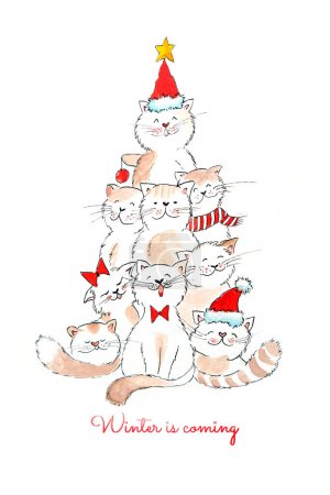 Téléchargez les photos : Illustration dessinée à la main. Les chats mignons chantent une chanson de Noël - en image libre de droit