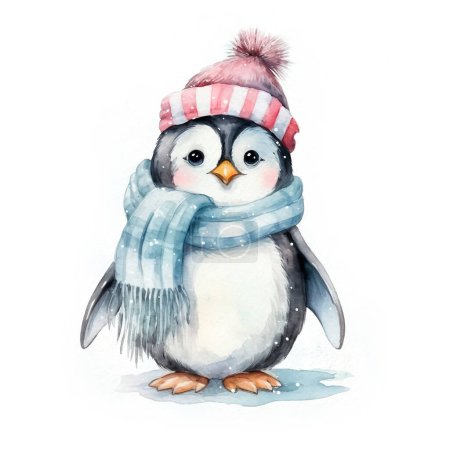 Téléchargez les photos : Pingouin mignon aquarelle avec chapeau en coton et écharpe - en image libre de droit
