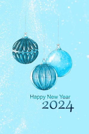 Téléchargez les photos : Carte de voeux de Noël avec boule et arc bleu sur fond blanc. Impression hiver aquarelle. Illustration dessinée main - en image libre de droit