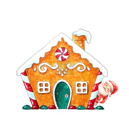 Téléchargez les photos : Aquarelle illustration festive maison en pain d'épice et Santa - en image libre de droit