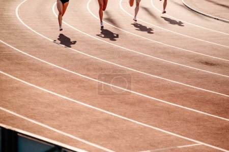 Téléchargez les photos : Group female athletes running track of stadium - en image libre de droit