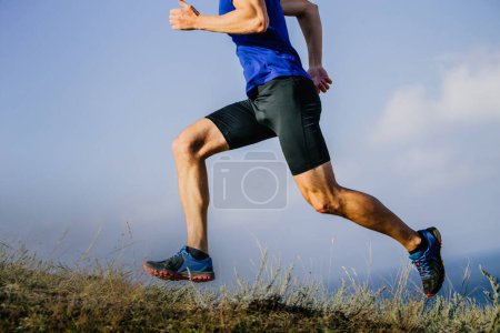 Foto de Piernas musculosas corredor correr rastro en hierba seca - Imagen libre de derechos