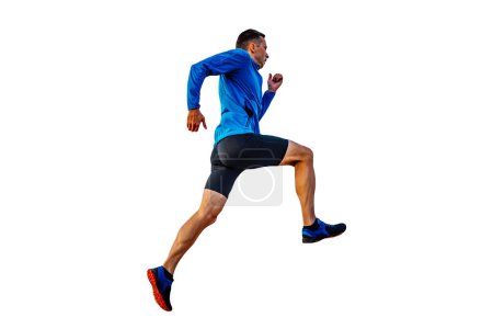 Téléchargez les photos : Athlète coureur en coupe-vent bleu et collants noirs en montée, silhouette coupée sur fond blanc, photo de sport - en image libre de droit