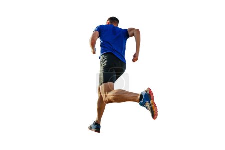 Téléchargez les photos : Dos athlète coureur en chemise bleue et collants noirs courir montagne, silhouette coupée sur fond blanc, photo de sport - en image libre de droit