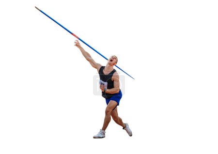 Téléchargez les photos : Athlète masculin javelot lancer dans la compétition d'athlétisme décathlon sur fond blanc, photo de sport - en image libre de droit