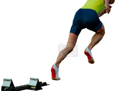 Photo for Athlete running sprint race from starting blocks in athletics competition on white background, sports photo - Royalty Free Image
