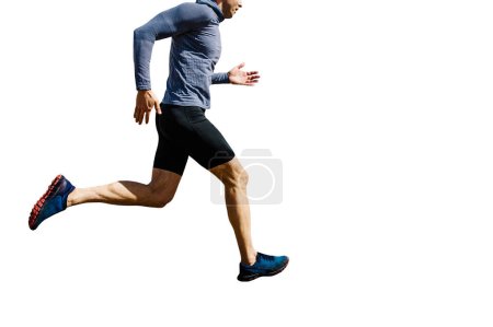 Foto de Hombre corredor corriendo en azul camisa de manga larga y medias negras aisladas sobre fondo blanco, foto deportiva - Imagen libre de derechos