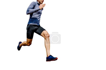Photo for Front view male runner running blue long sleeve shirt and black tights,, competition race, sports photo - Royalty Free Image